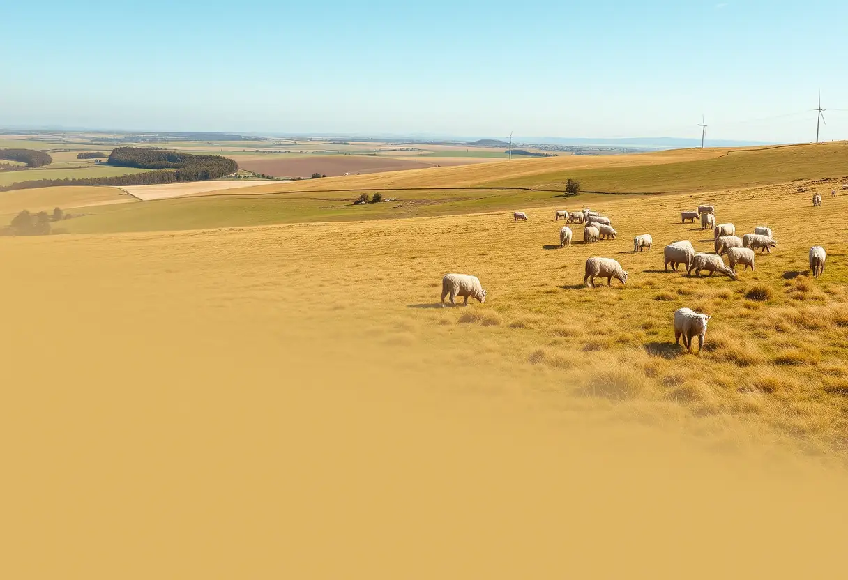 Un panorama de champs avec des moutons qui broutent l'herbe