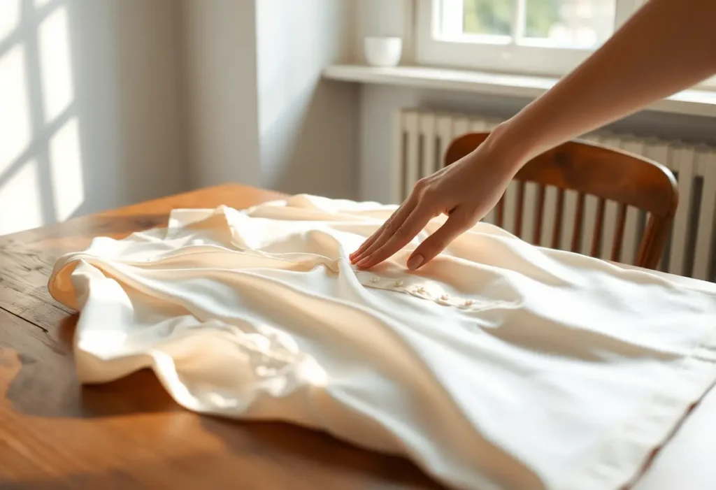 Une main féminine lisant doucement un chemisier en soie posé sur une table en bois, lumière naturelle