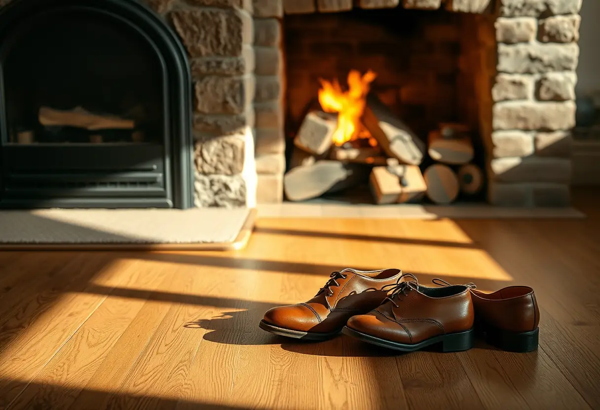 Un soulier en cuir bien aligné près de la cheminée dans un salon chaleureux, ombres jouant sur le plancher