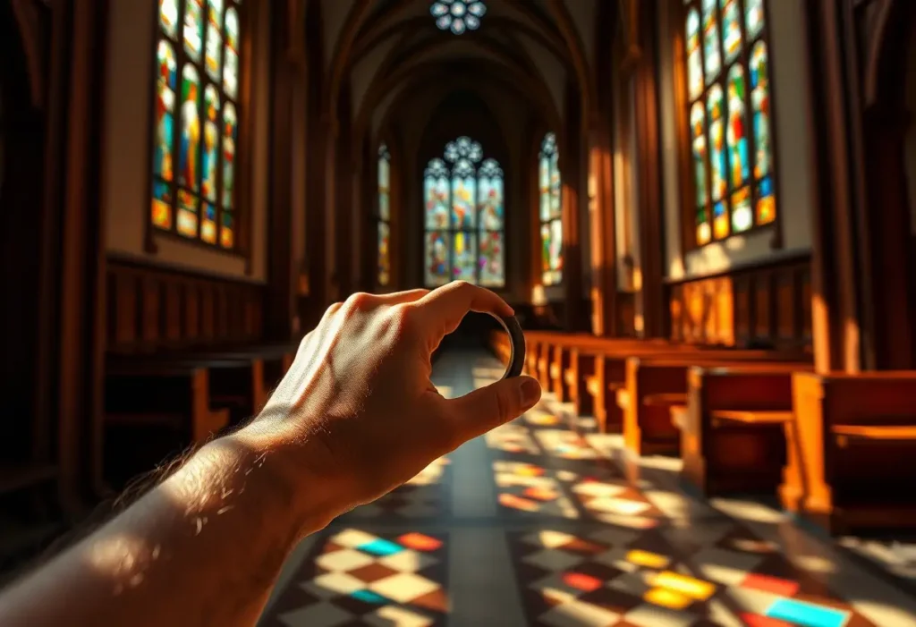 Une main tenant un anneau en bois dans une église baignée de lumière colorée