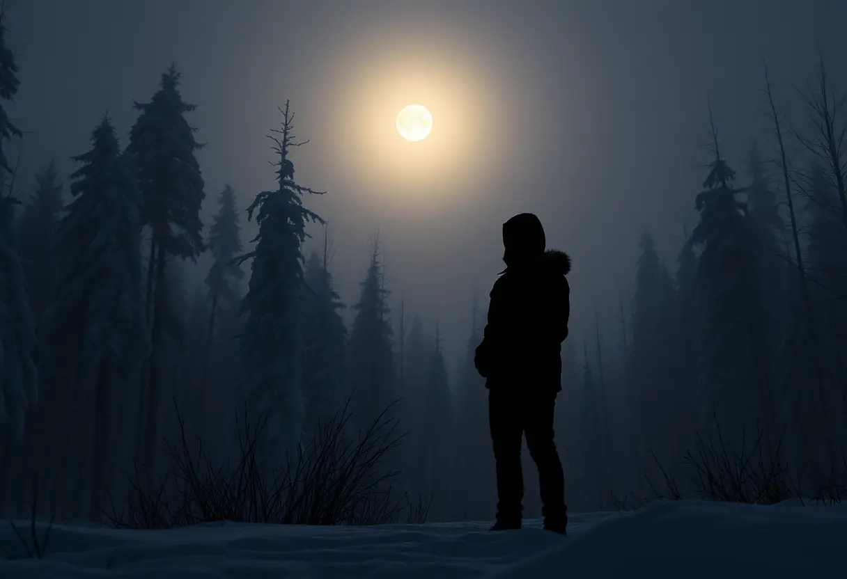 Silhouette d'une personne debout dans un bois enneigé éclairé par la lune