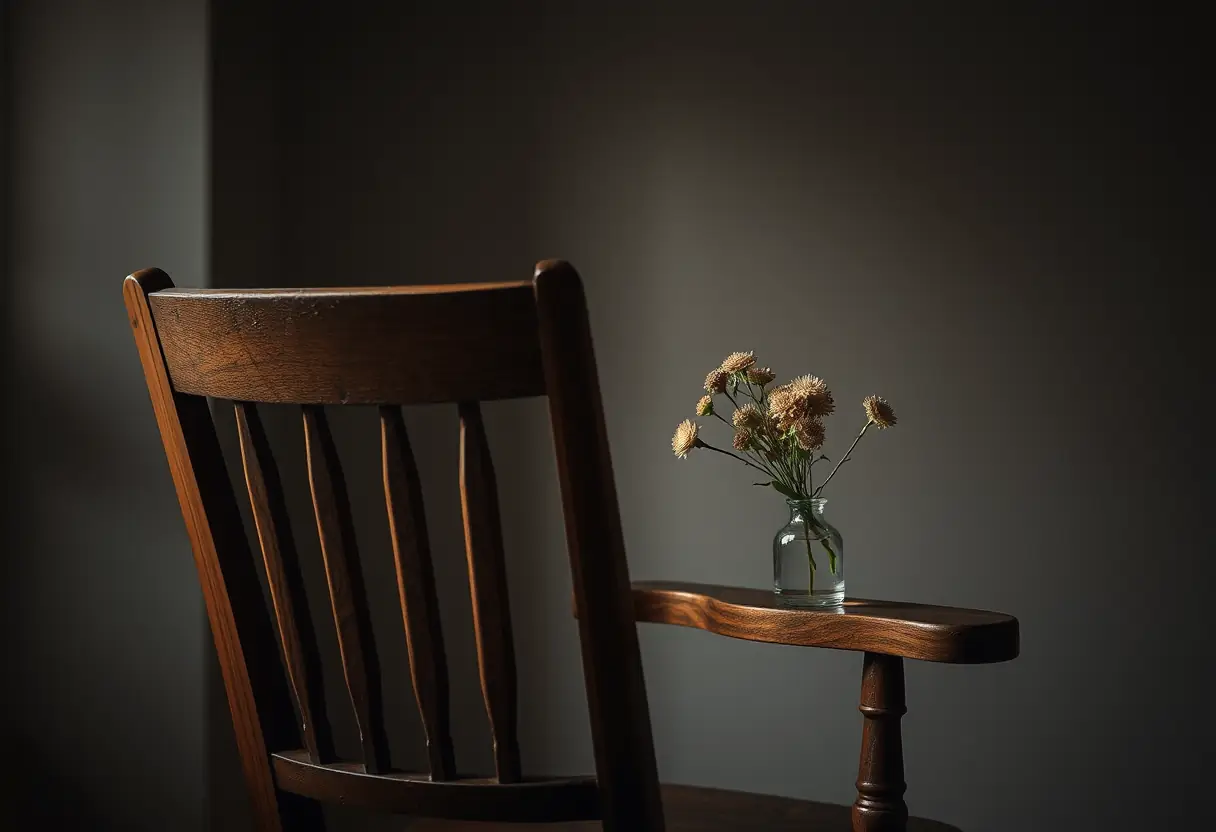 Un fauteuil usé avec un petit vase de fleurs sèches sur le bras, évoquant les traditions passées