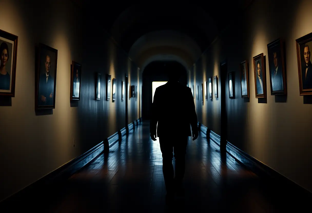Un profil d'une personne marchant dans un couloir sombre avec des portraits sur les murs