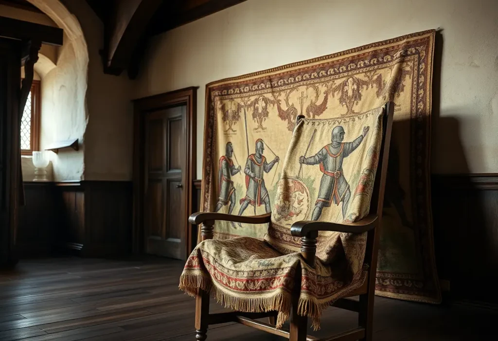 Article sur la Saint-Valentin : chaise en bois dans une grande salle médiévale