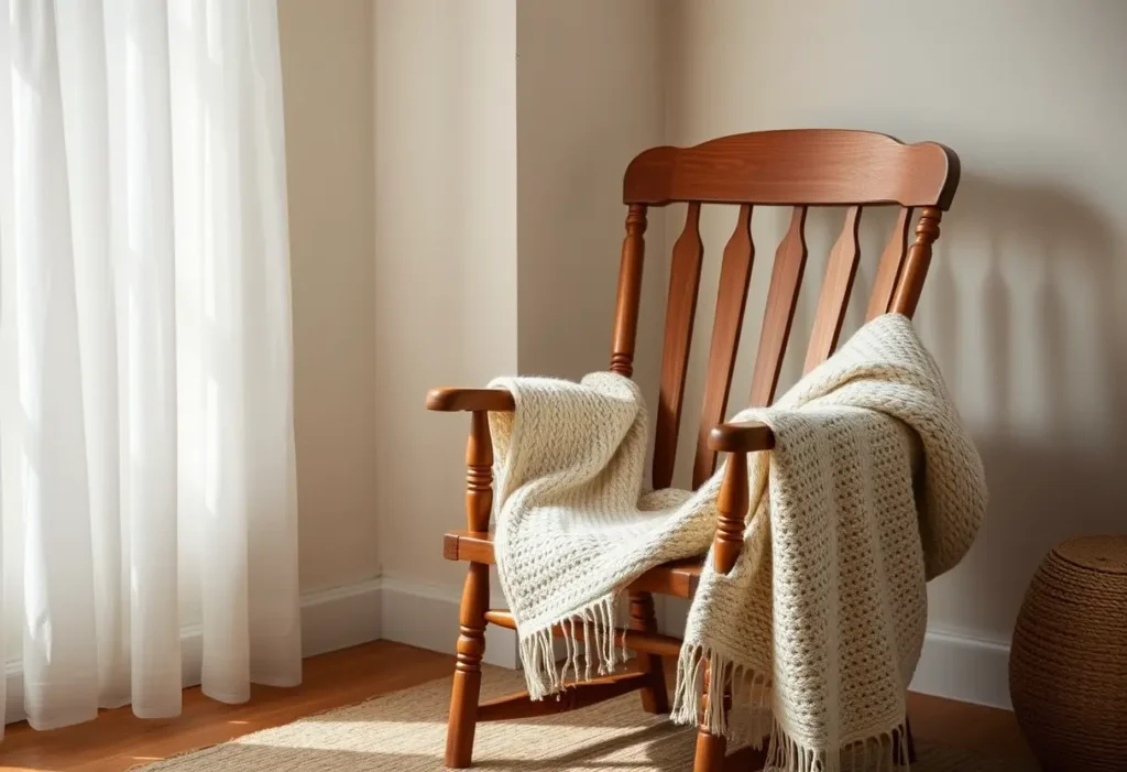 Un fauteuil recouvert d'une couverture tissée dans un salon accueillant.