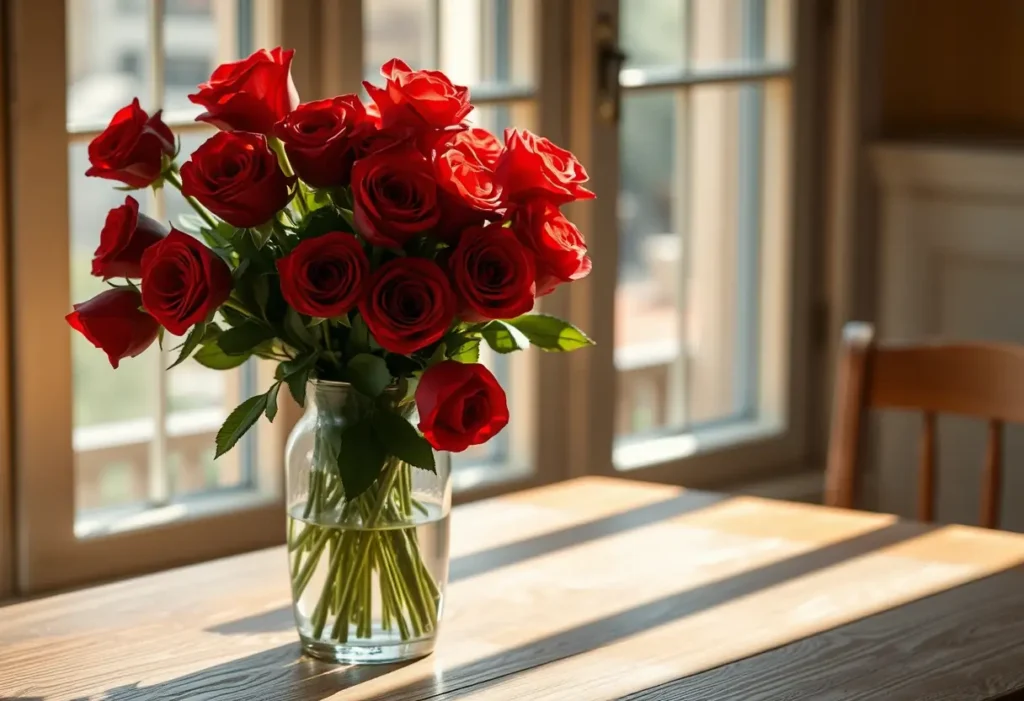 Un vase de roses rouges sur une table en bois éclairée par la lumière du jour