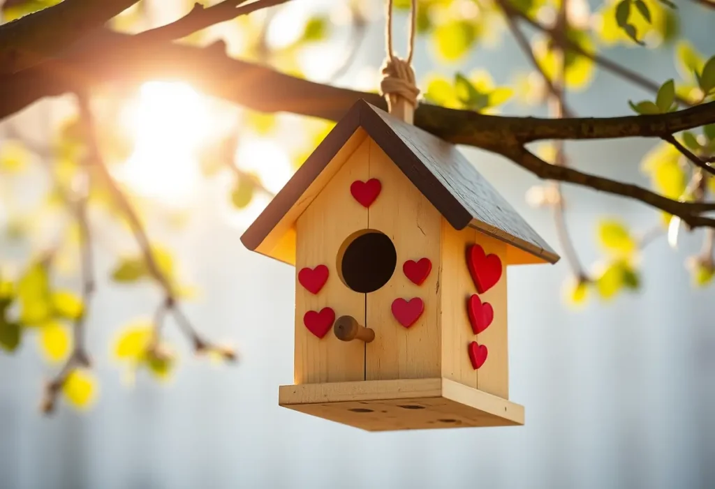 Un nichoir d'oiseau orné de coeurs, sous le soleil du matin, représentation joyeuse de la Saint-Valentin, sans texte, sans écriture, photographie éditoriale, lumière naturelle, hyper-réaliste