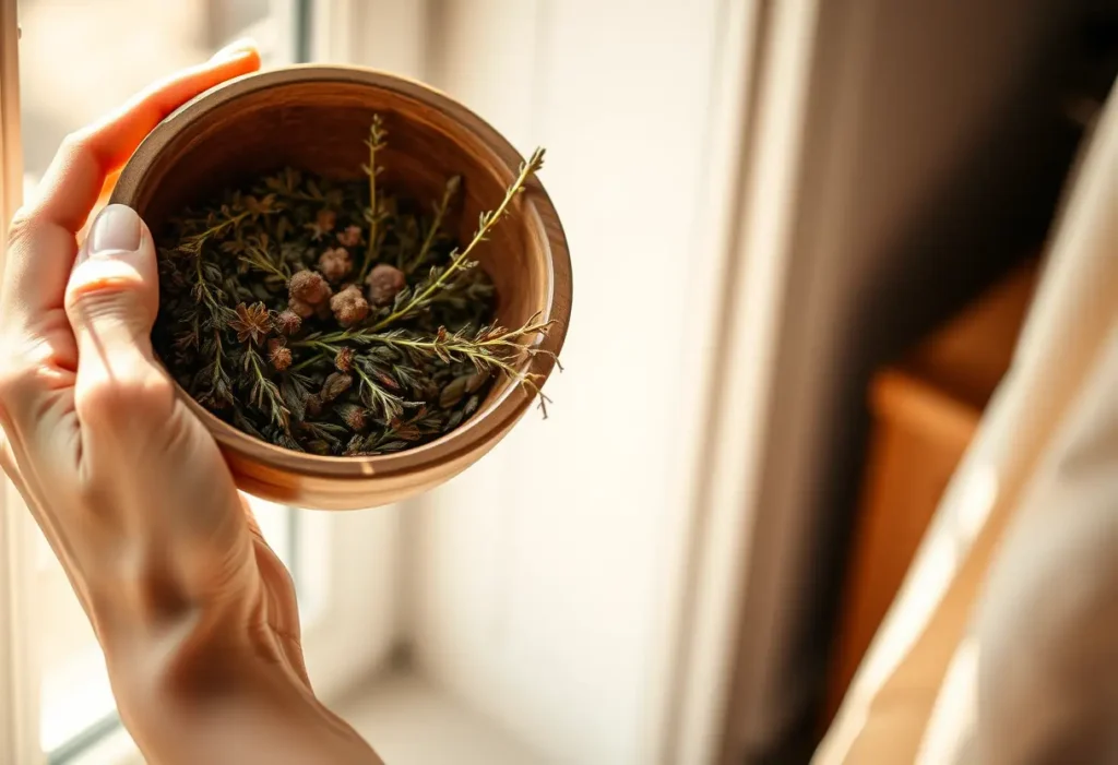 Une main féminine tenant un bol en bois rempli d'herbes sèches
