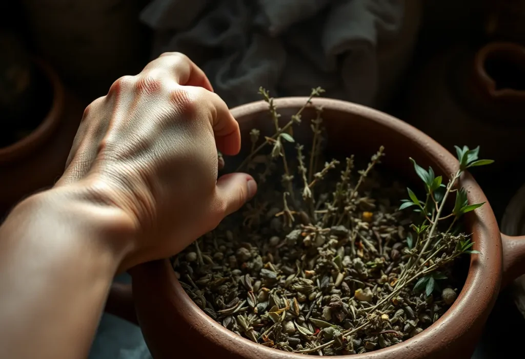 Une main plonge dans une pot en argile rempli d'herbes sèches, évoquant les rituels de purification antiques
