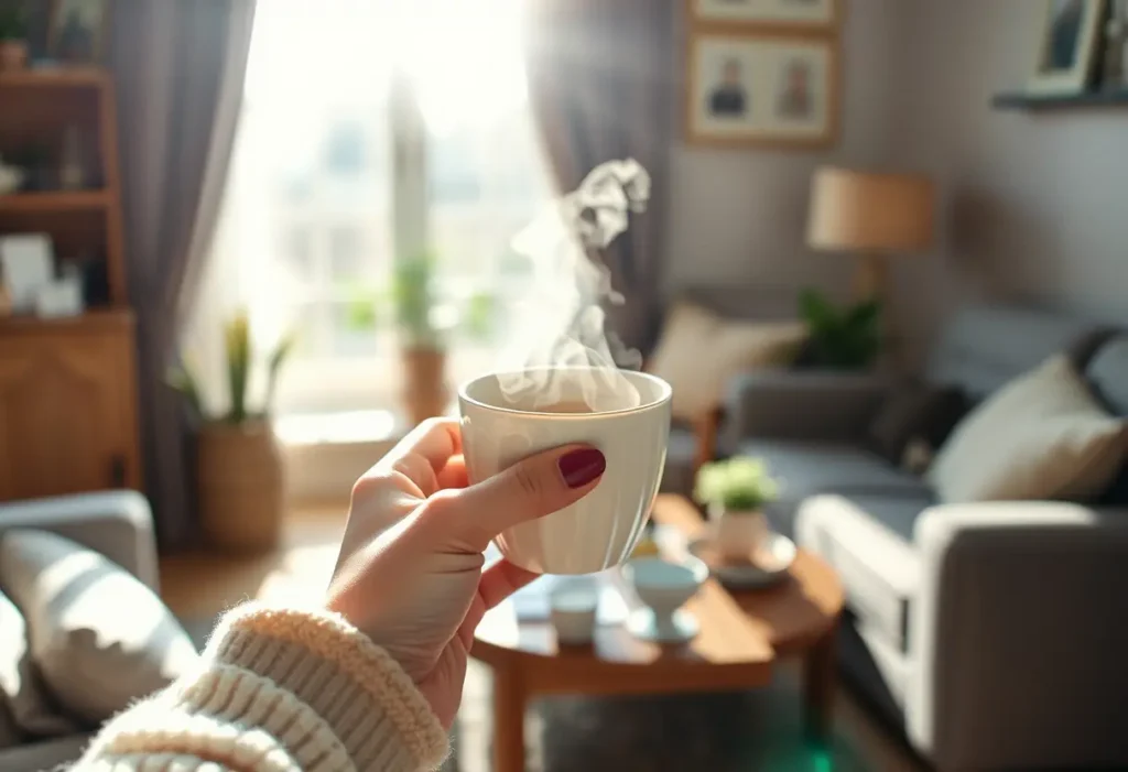 Une main tenant une tasse de thé chaud dans un salon accueillant, célébrant l'amour de soi