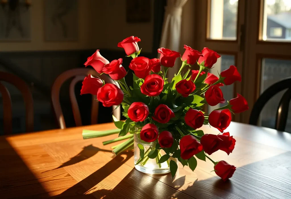 Bouquet de roses rouges sur une table de cuisine, lumière du soir