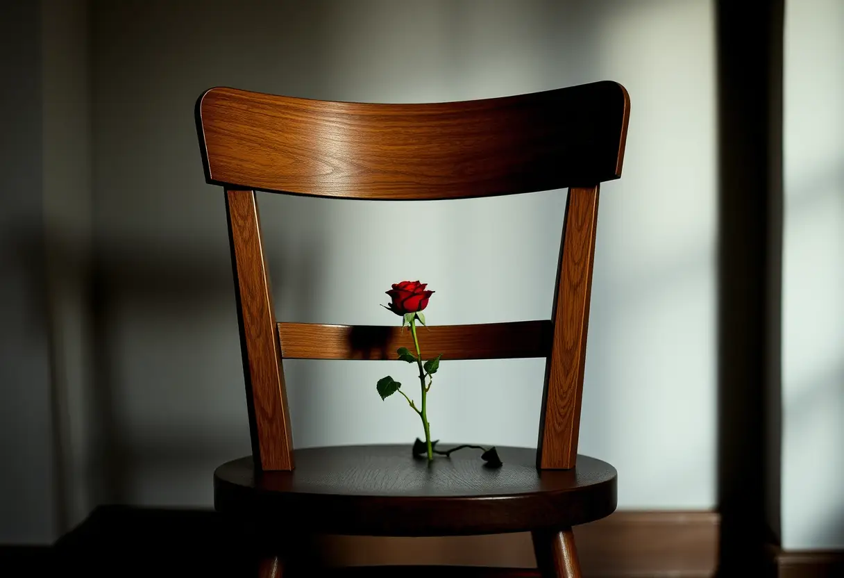Chaise avec une rose rouge dans la poche arrière, ambiance tamisée