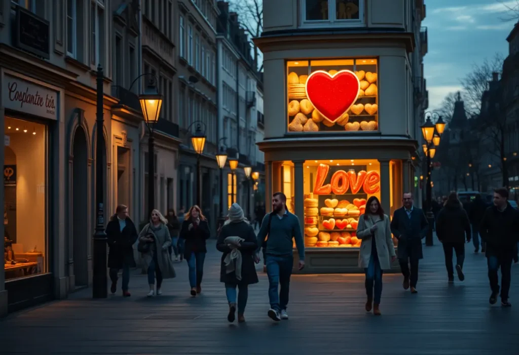 Rue envoûtante au crépuscule avec des couples marchant et des pâtisseries en forme de coeurs, ambiances de Saint-Valentin