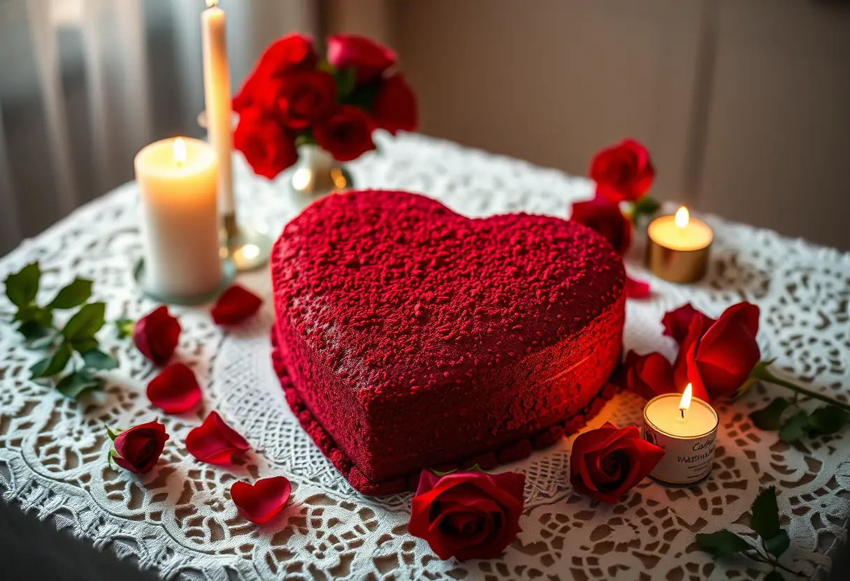 Un gâteau au velours rouge orné d'un cœur sur une nappe dentelée, éclairé par la douce lumière du soir.