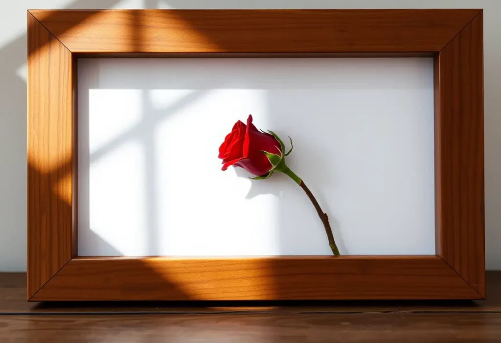 Un cadre en bois contenant une rose rouge, symbole d'amour et de dévouement, évoquant l'engagement durable.