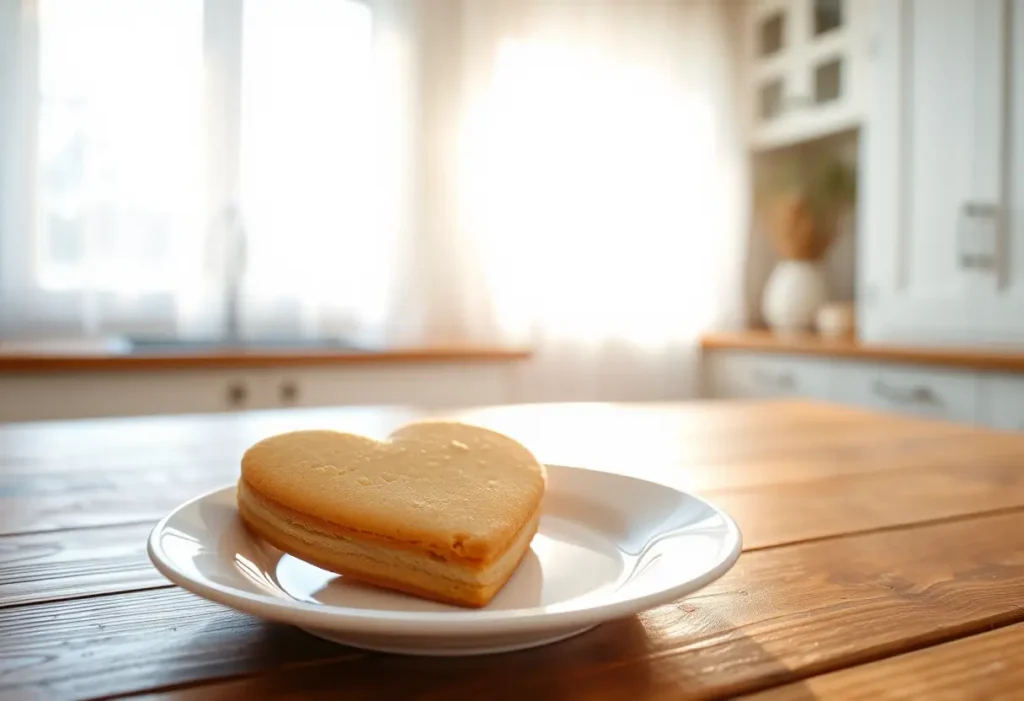 Un biscuit cœur posé sur une assiette blanche sur un plan de travail en bois rustique, éclairé par la lumière du matin qui filtre à travers des rideaux fins.