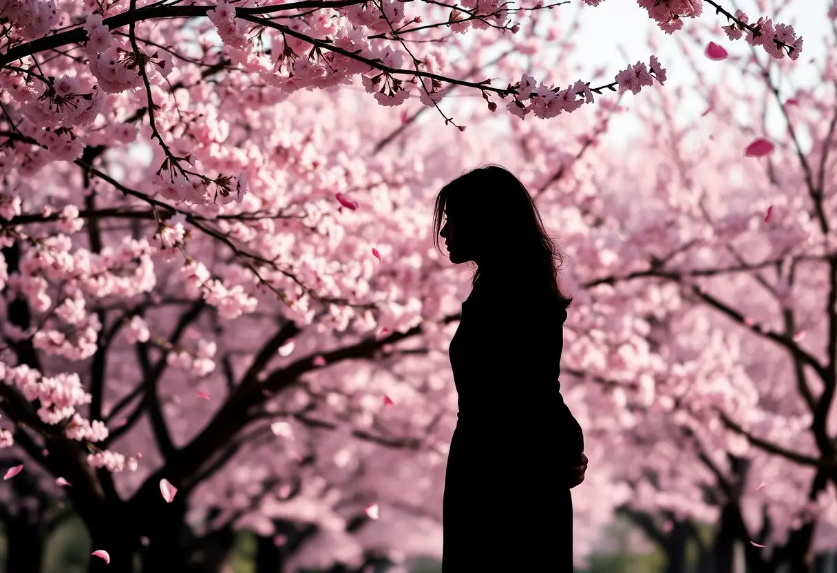 Un contour d'une personne se tenant sous des cerisiers en fleur, les pétales roses tombant doucement autour d'elle, illustrant la fragilité de l'amour.