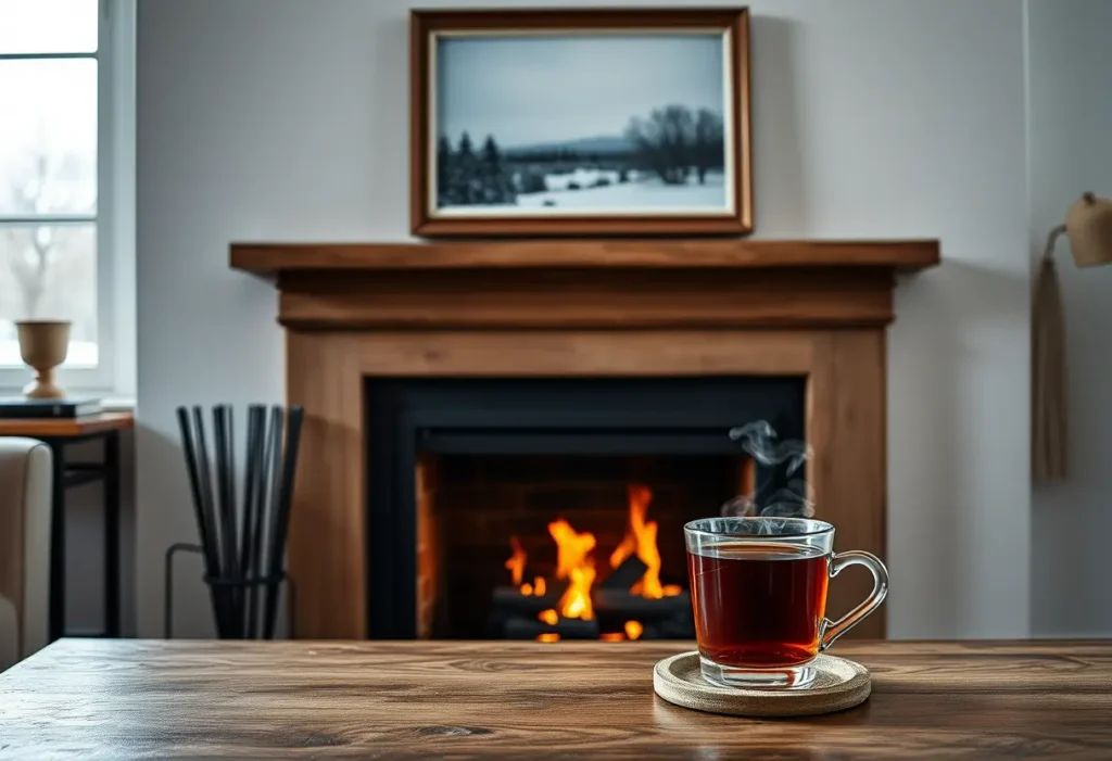 Photo encadrée au-dessus de la cheminée, tasse de thé près du feu, Saint-Valentin non férié