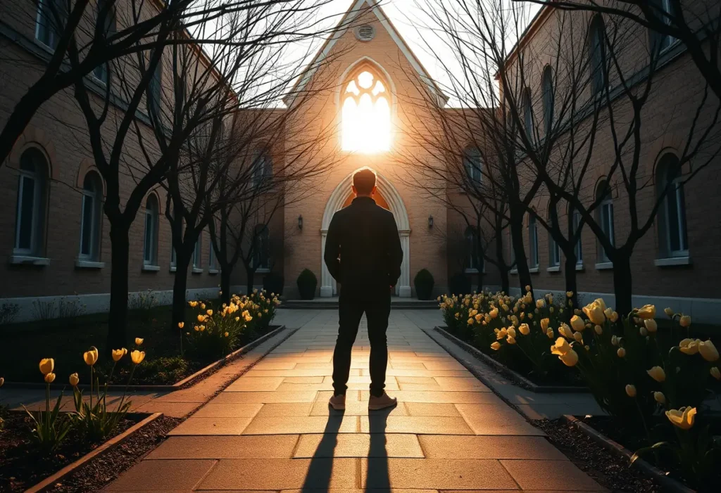 Silhouette d'une personne dans une cour d'église, entourée de fleurs printanières, illustrant la renaissance de la Saint-Valentin.