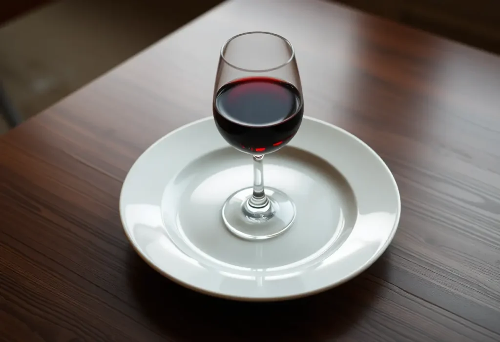 Verre de vin rouge sur un plateau en porcelaine blanche posé sur une table en bois foncé