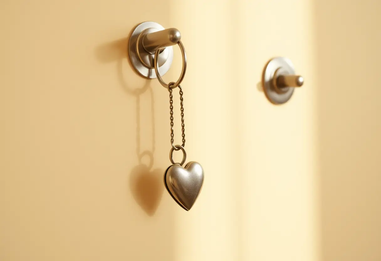 Porte-clés en argent avec pendentif cœur accroché à un porte-manteau sur un mur beige