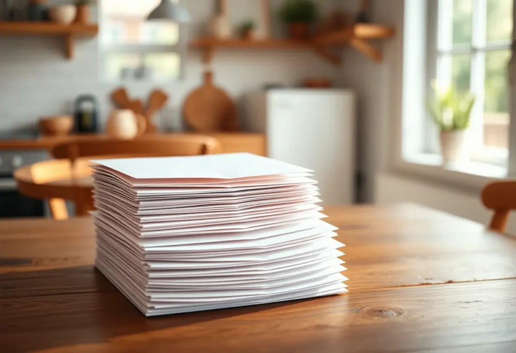 Un paquet d'enveloppes rondes blanches posées sur une table en bois dans une cuisine baignée de lumière naturelle.