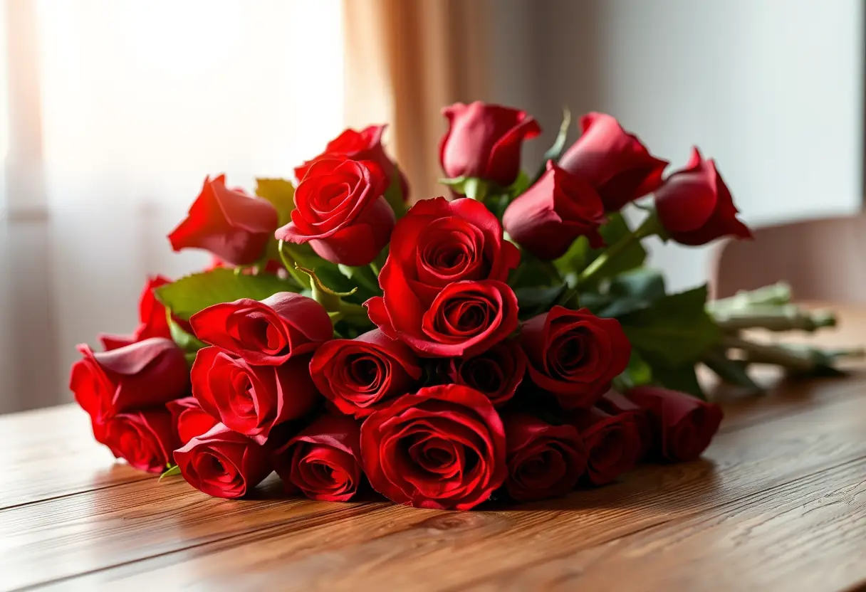 Un bouquet de roses rouges sur une table de cuisine en bois, lumière douce du soir
