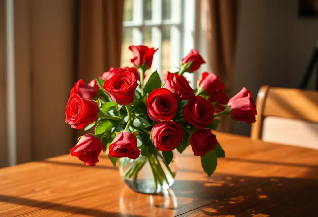 Un bouquet de roses rouges sur une table en bois, éclairé par la lumière naturelle du soleil.