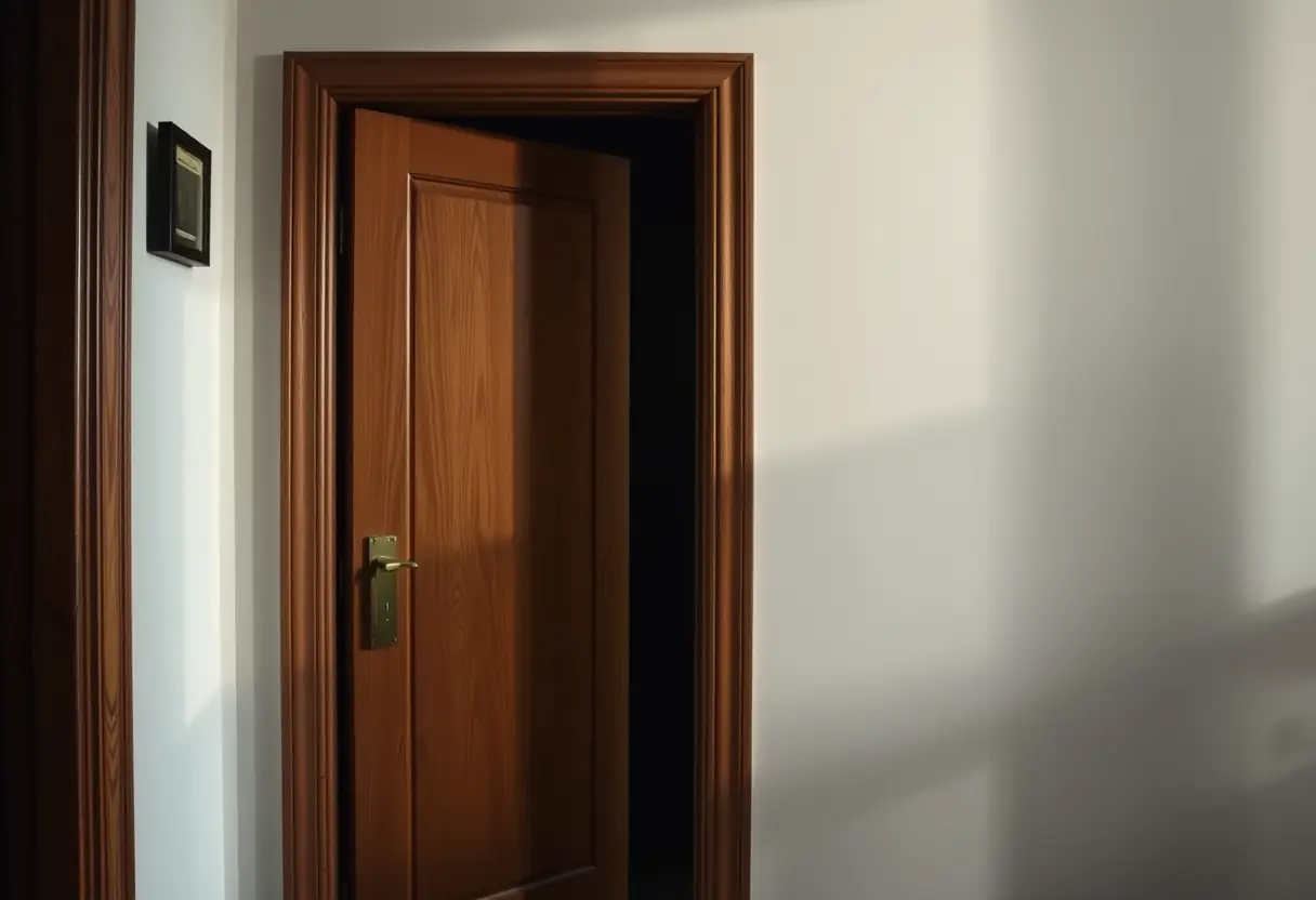 Une porte en bois avec une poignée en laiton, légèrement entrouverte, révélant un couloir sombre.