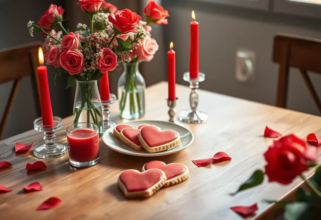 Un plateau avec des bougies rouges et des biscuits en forme de cœur, entourés de fleurs fraîches, évoquant l'amour et la célébration de la Saint-Valentin.