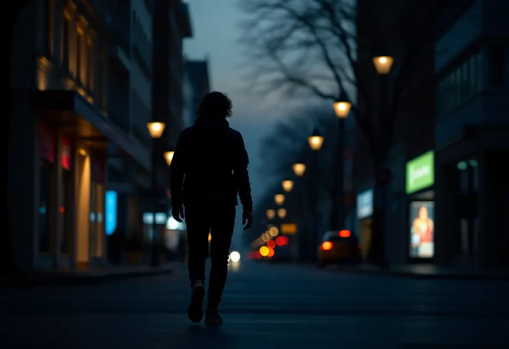 Un silhouetté marchant dans la ville au crépuscule, éclairé par les lampadaires