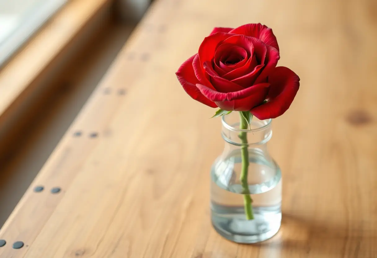 Une table en bois avec une rose rouge dans un vase en verre, éclairée naturellement