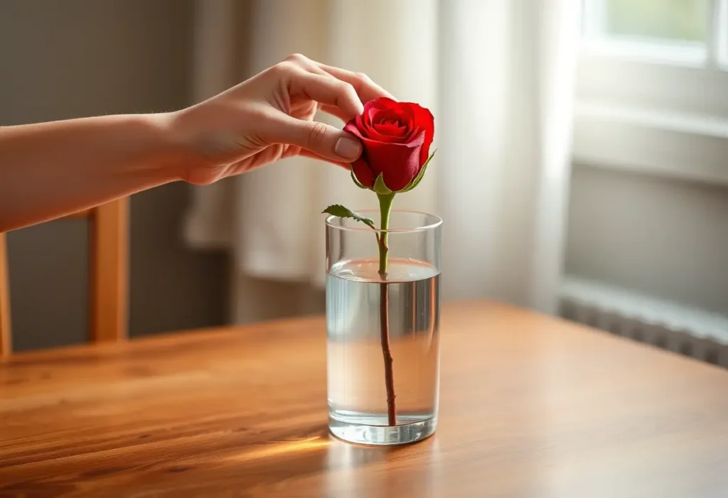 Une main féminine pose une rose rouge dans un vase rempli d'eau sur une table en bois, sujet de l'article sur la Saint-Valentin