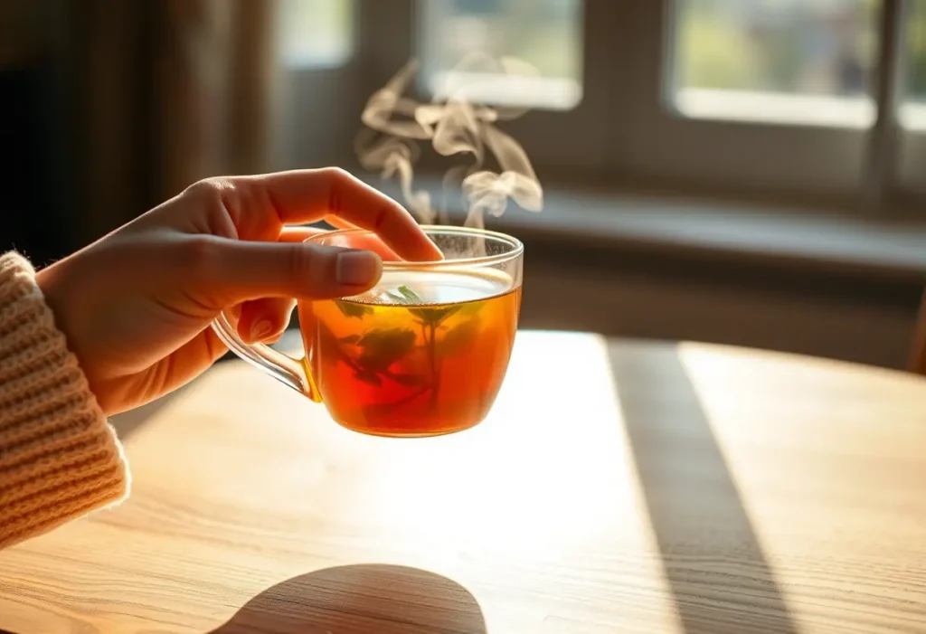 Une main tenant une tasse de thé chaud, symbolisant le réconfort et la sérénité.