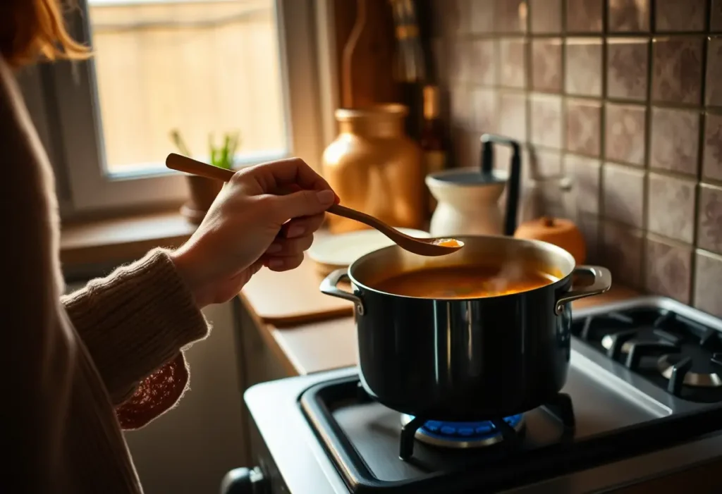 Main de femme tenant une cuillère en bois dans une cuisine accueillante