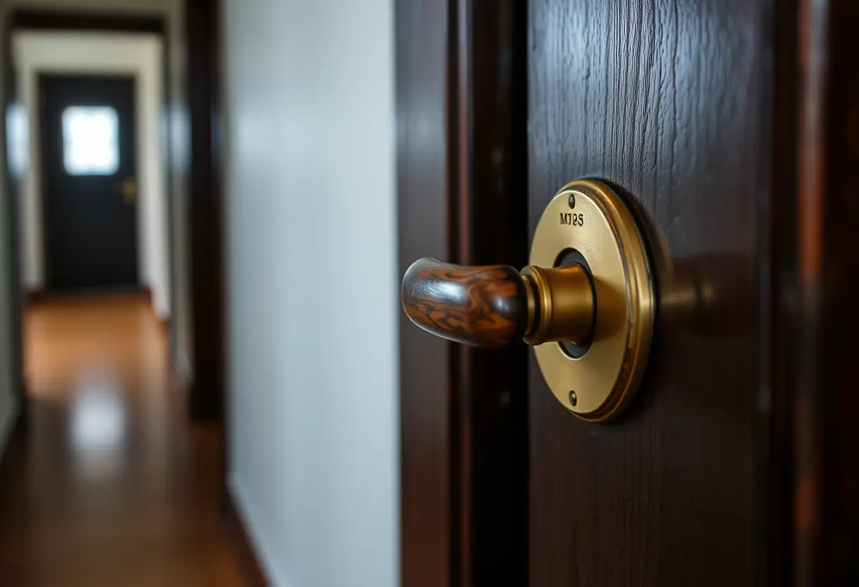 Poignée de porte en bois avec finition en laiton dans un couloir sombre