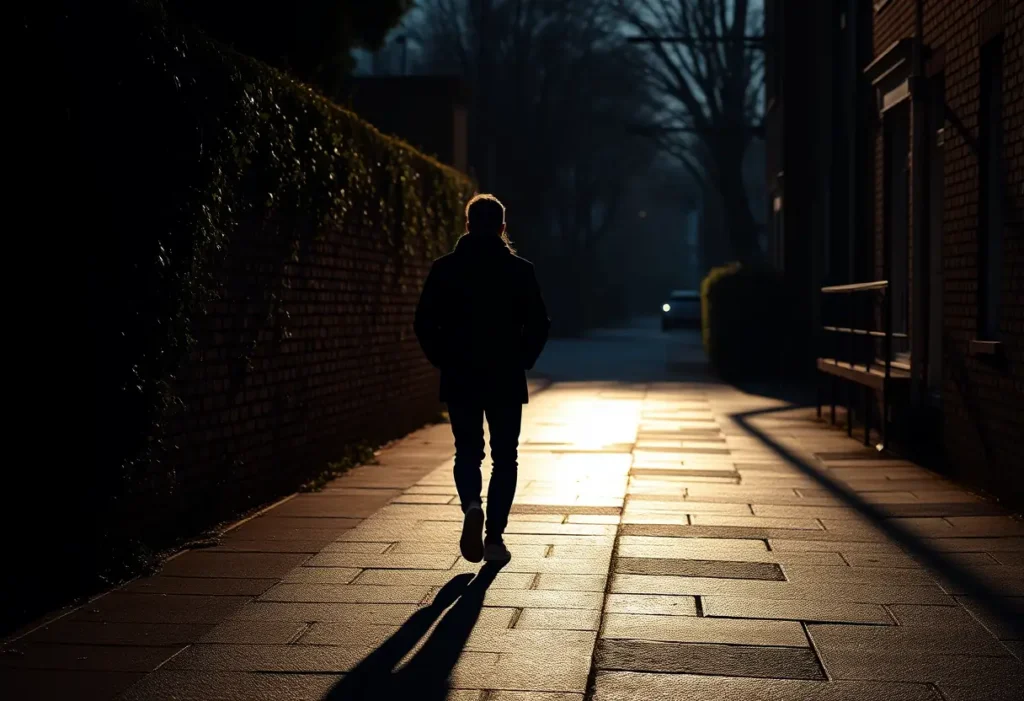 Un silhouetté marche le long d’une rue, la lumière du soir jouant sur les sentiments complexes autour de la Saint-Valentin