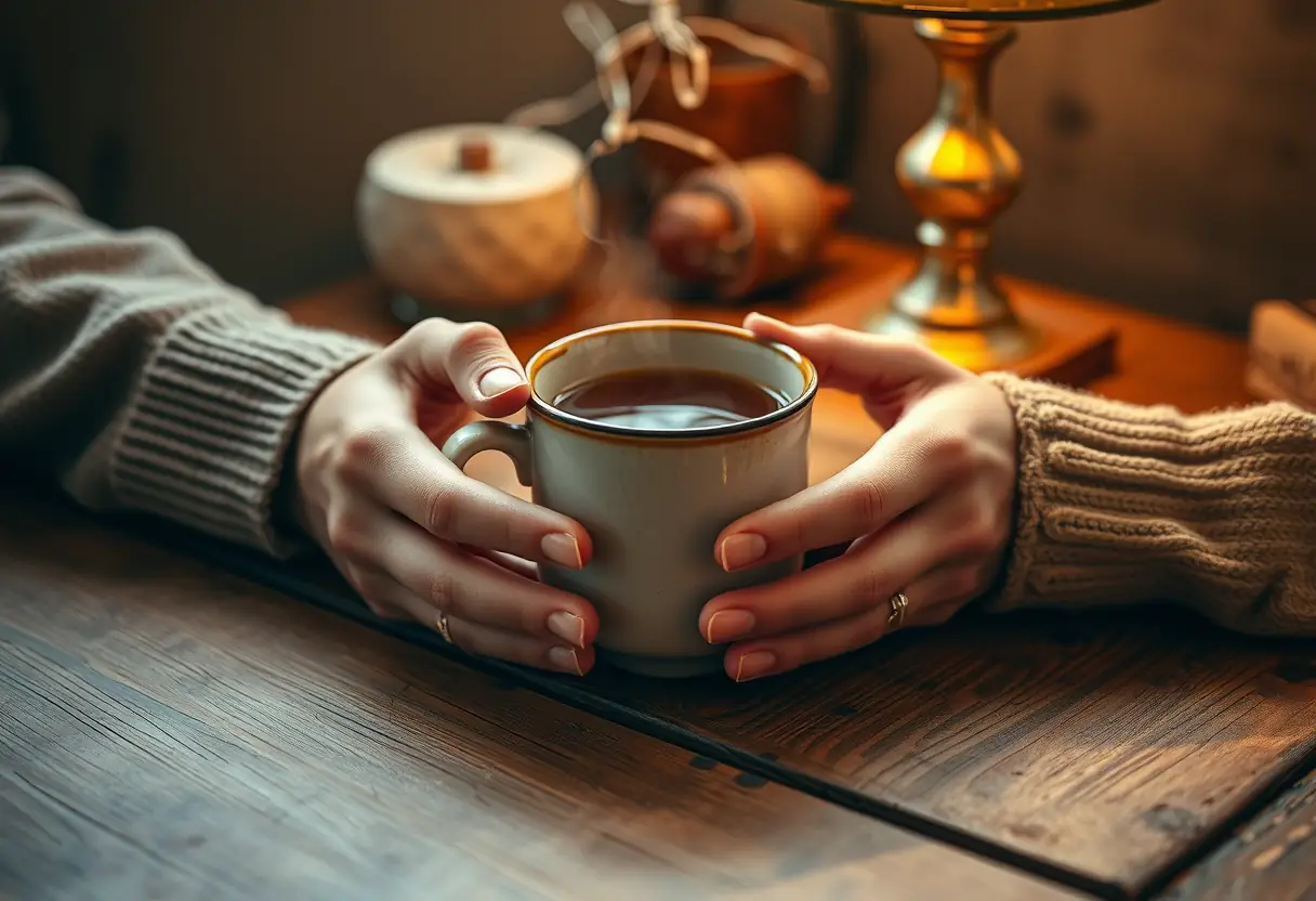 Des mains tiennent une tasse en porcelaine pleine de thé chaud sur une table en bois rustique, illustrant l'affection quotidienne