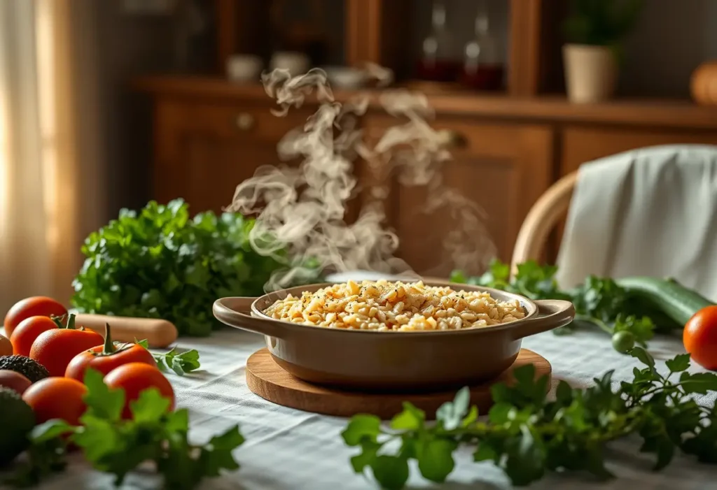 Un plateau avec un risotto qui dégage de la vapeur, entouré de légumes frais dans une lumière tamisée