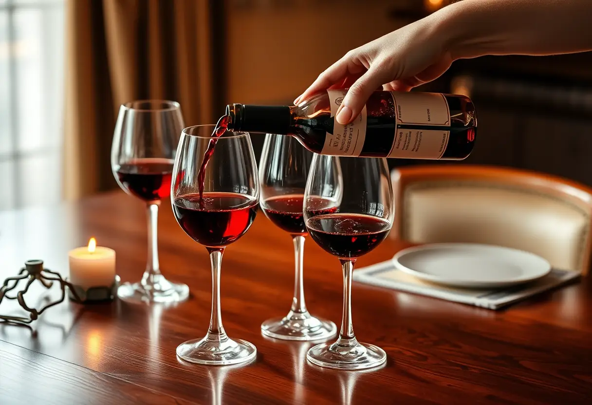 Une main qui verse du vin rouge dans des verres de cristal sur une table en bois poli, éclairée par des bougies