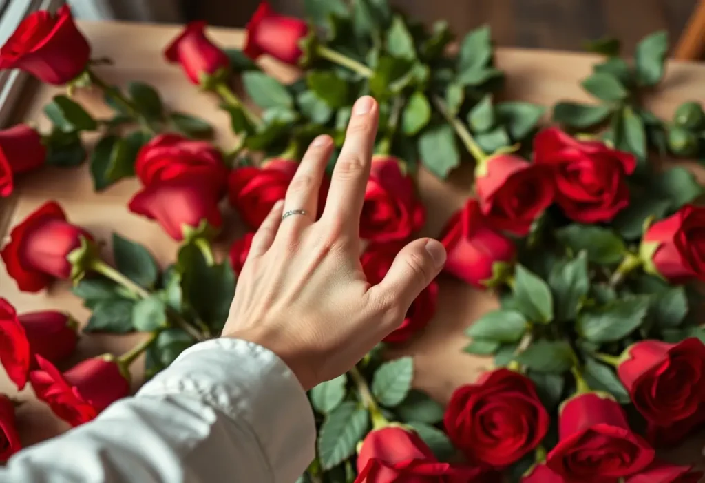 Une main tendue au-dessus d'une table couverte de roses rouges, illustrant la commercialisation de l'amour
