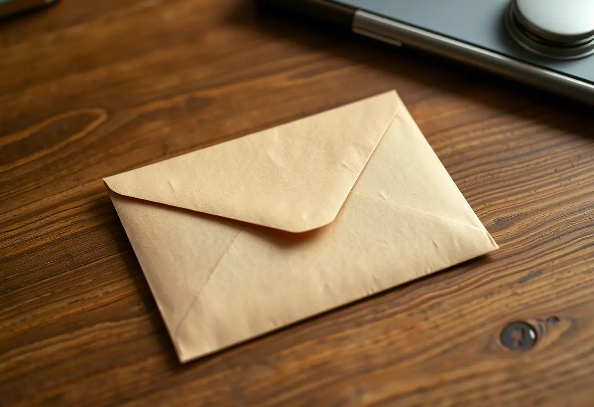Un enveloppe brune posée sur un bureau en bois, représentant des façons alternatives d'exprimer l'affection
