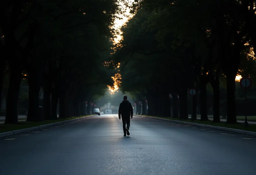Silhouette de personne marchant seule le long d’une avenue ombragée par des arbres, représentant la solitude de la Saint-Valentin