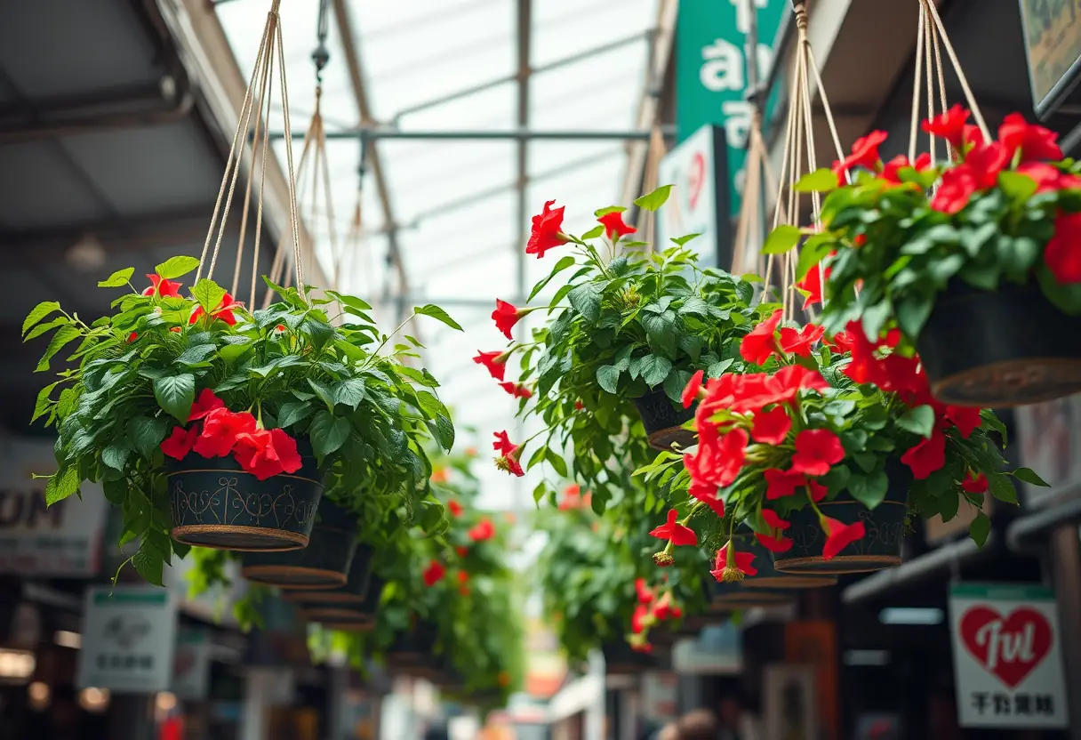 Plantes suspendues dans un marché animé, représentant la nature en dehors du contexte commercial de la Saint-Valentin