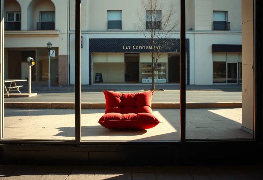 Un coussin en velours rouge se trouve seul dans une vitrine vide, rappelant l'intimité abandonnée.