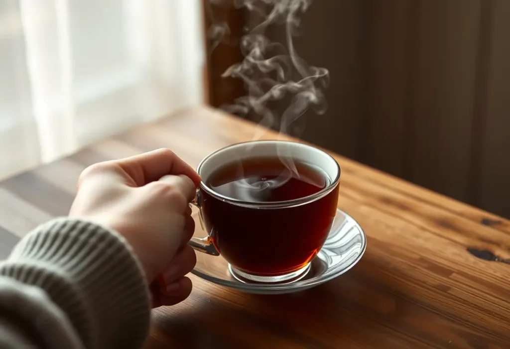Une main tenant une tasse de thé fumant posée sur une table en bois.