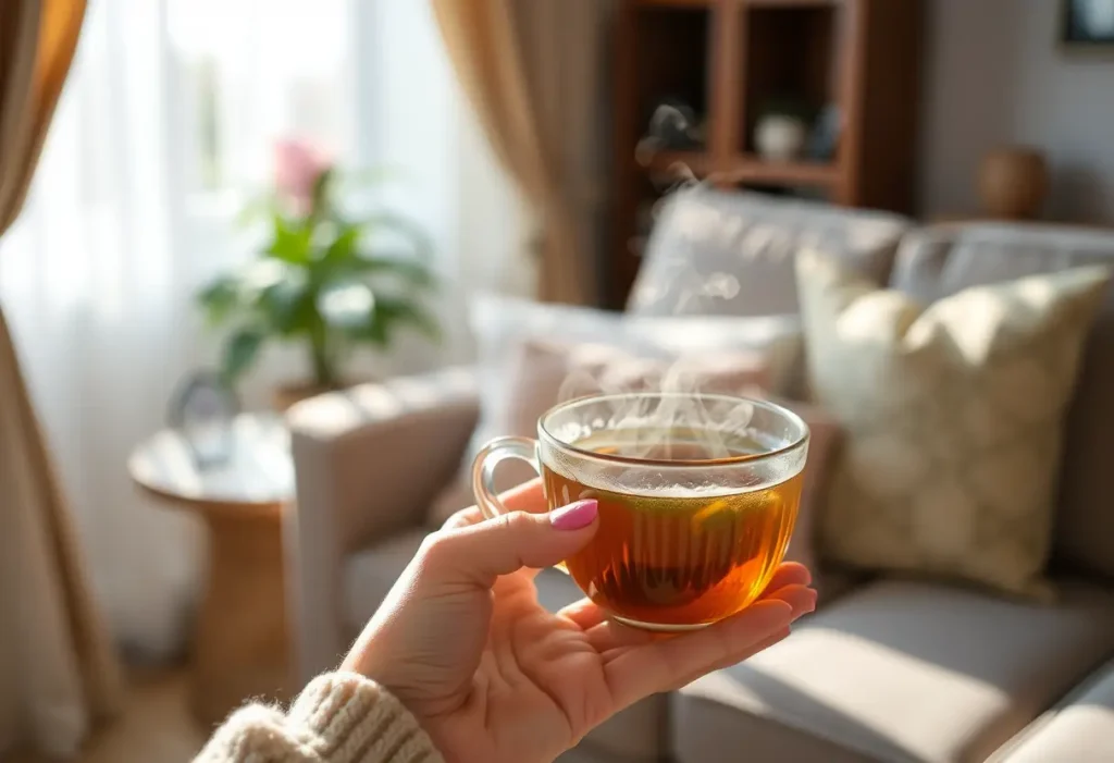Une main tenant une tasse de thé chaud dans un salon accueillant, favorisant le bien-être personnel