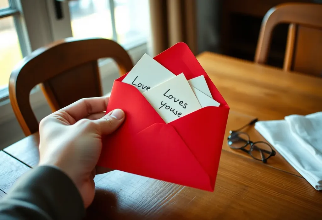Une main tenant un enveloppe rouge contenant des mots d'amour, rappelant l'importance des paroles sincères.