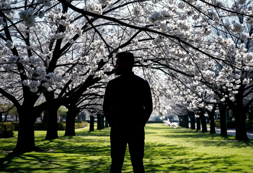 Une silhouette devant des cerisiers en fleur, symbolisant l'amour et la joie