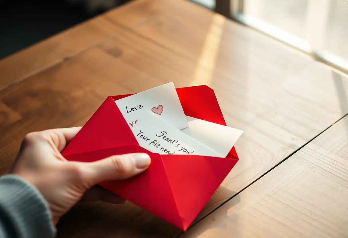 Une main tenant un enveloppe rouge contenant des mots doux sur une table en bois